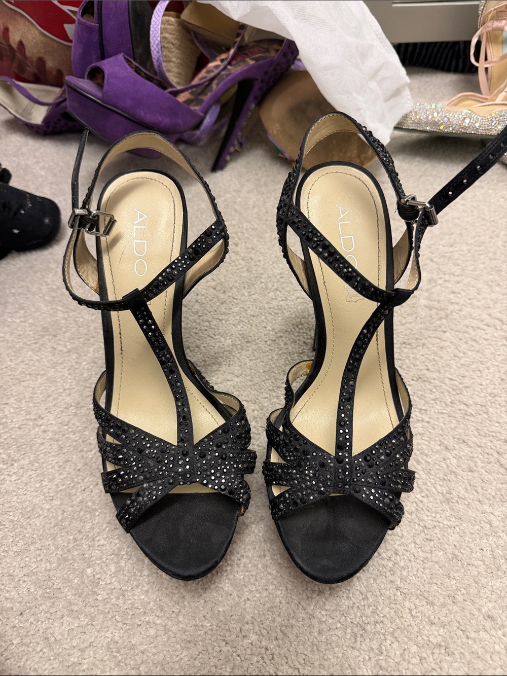 ALDO Black Crystal-Embellished T-Strap Heeled Sandals